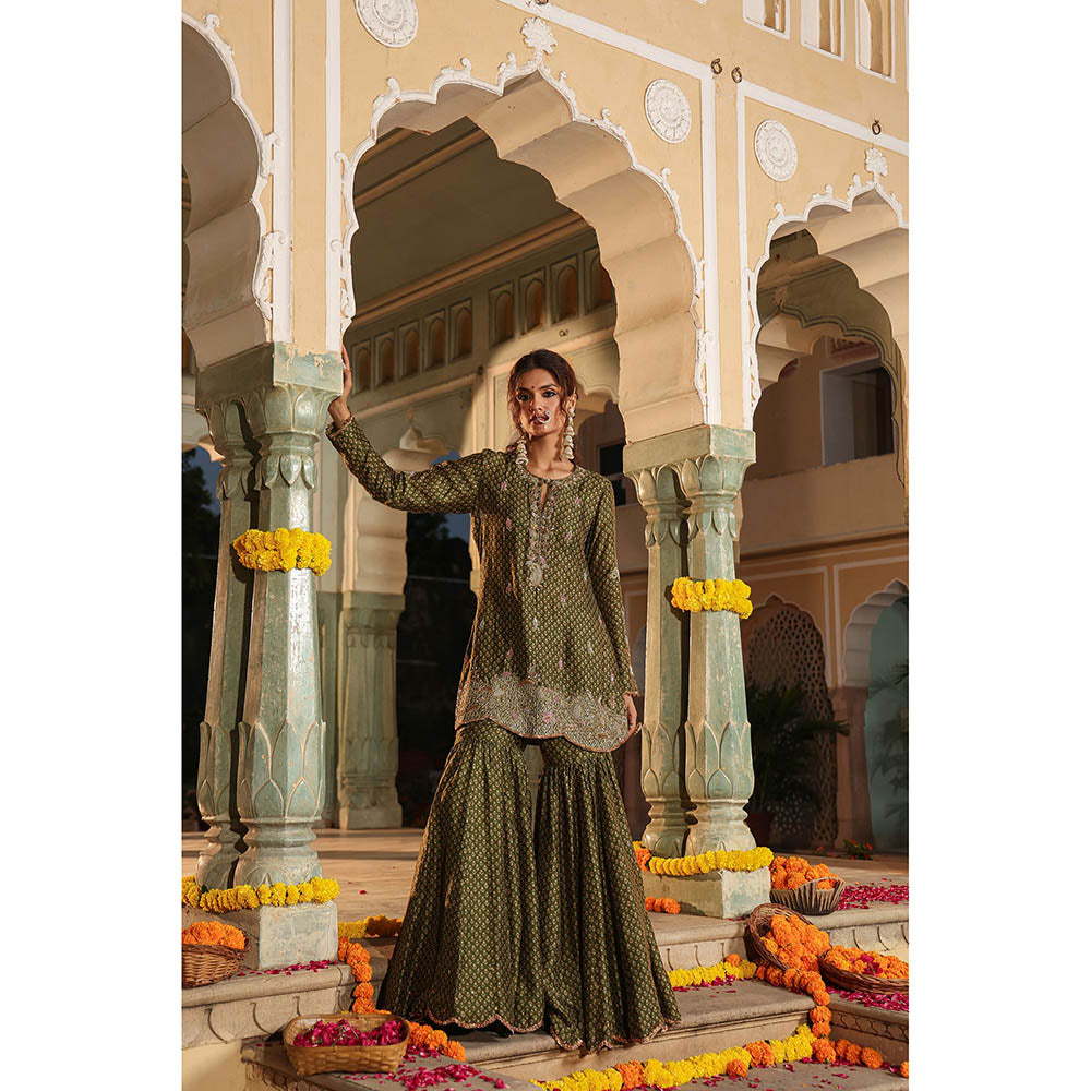 Label Niti Bothra Green Riwayat Printed Embroidered Kurti with Sharara and Dupatta (Set of 3)