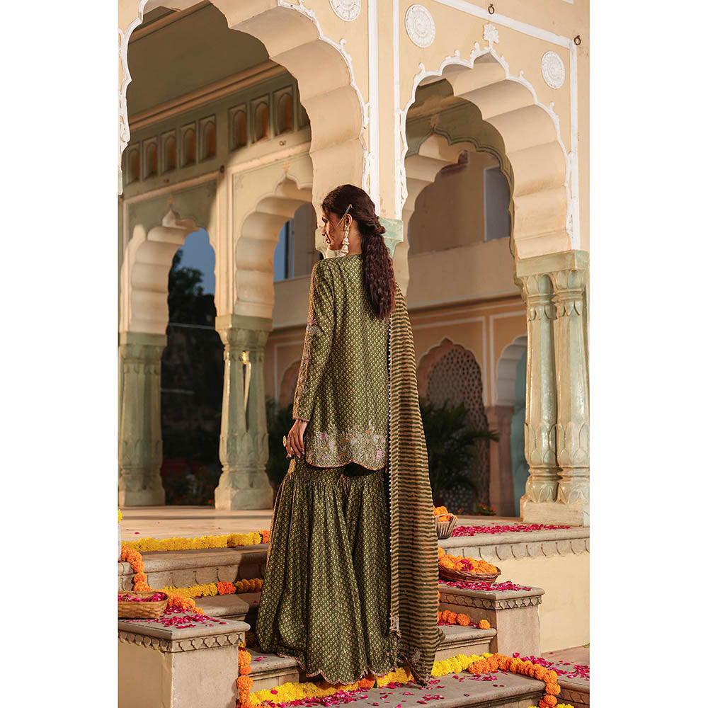 Label Niti Bothra Green Riwayat Printed Embroidered Kurti with Sharara and Dupatta (Set of 3)