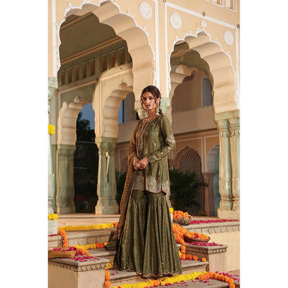 Label Niti Bothra Green Riwayat Printed Embroidered Kurti with Sharara and Dupatta (Set of 3)