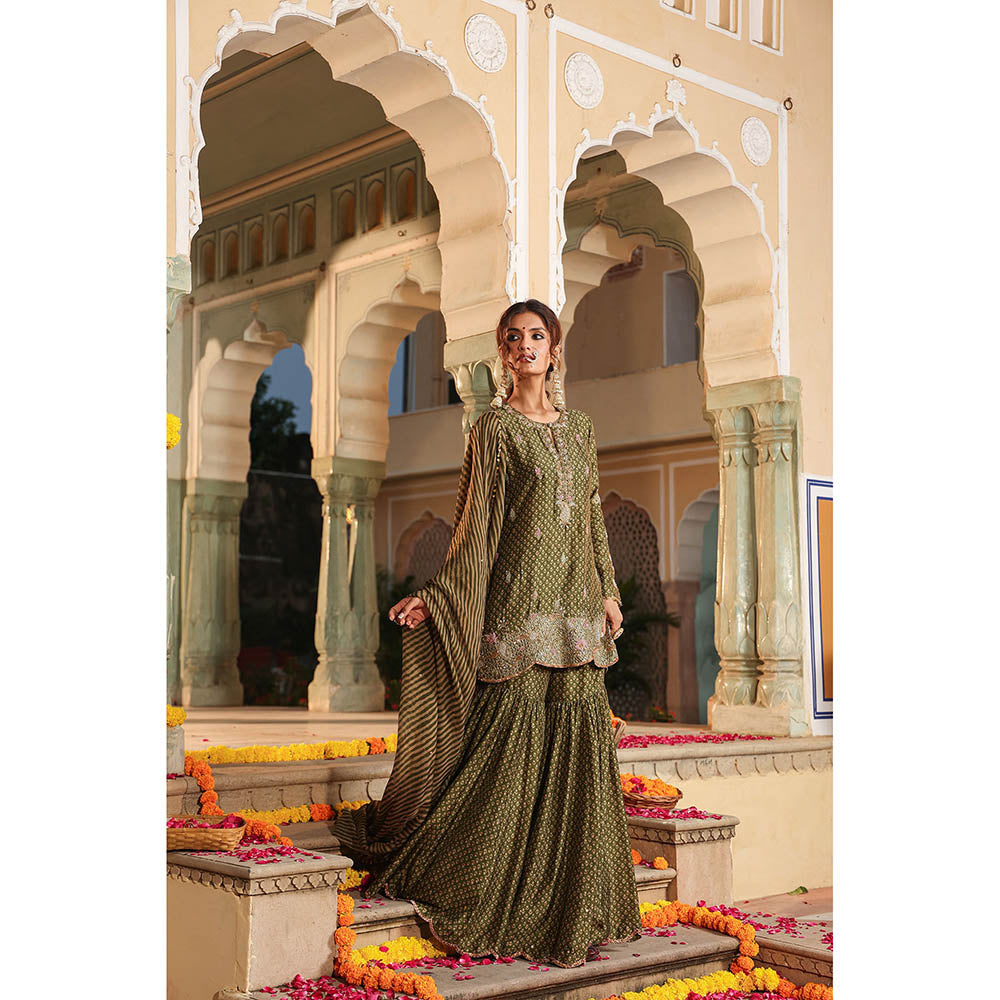 Label Niti Bothra Green Riwayat Printed Embroidered Kurti with Sharara and Dupatta (Set of 3)