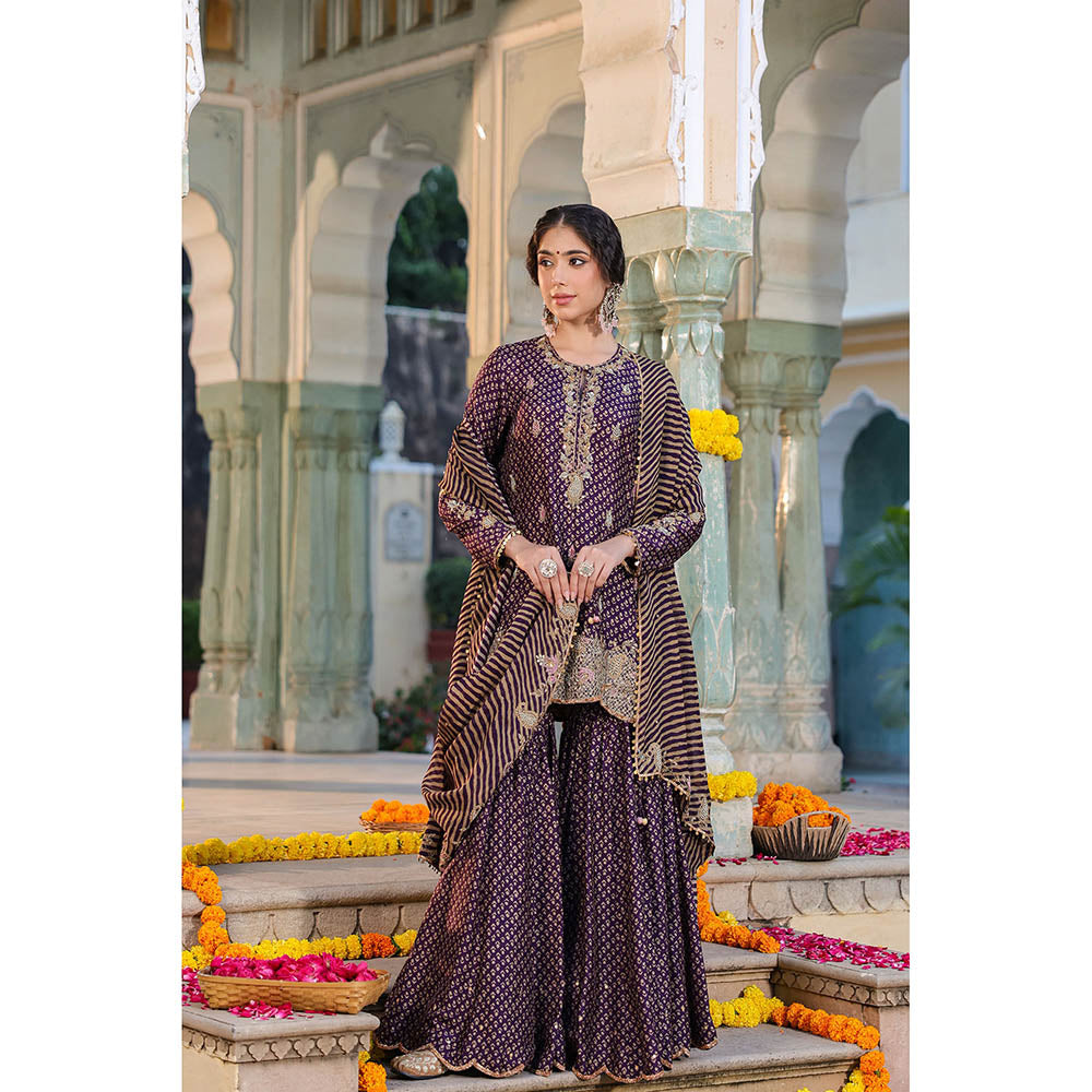 Label Niti Bothra Purple Riwayat Printed Embroidered Kurti with Sharara and Dupatta (Set of 3)