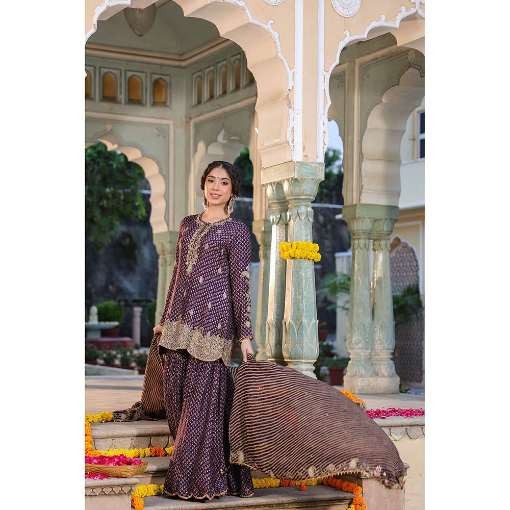 Label Niti Bothra Purple Riwayat Printed Embroidered Kurti with Sharara and Dupatta (Set of 3)
