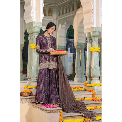 Label Niti Bothra Purple Riwayat Printed Embroidered Kurti with Sharara and Dupatta (Set of 3)