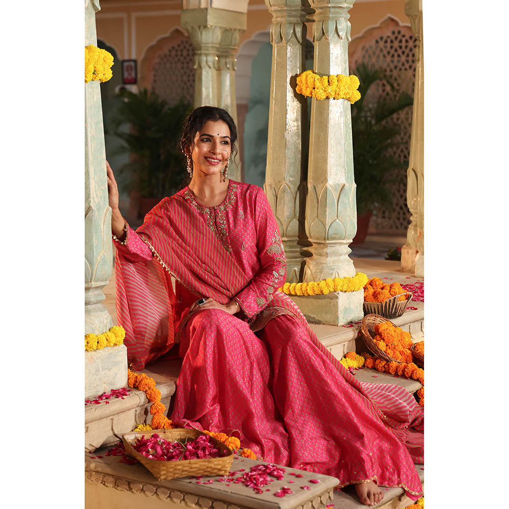 Label Niti Bothra Pink Riwayat Printed Embroidered Kurti with Sharara and Dupatta (Set of 3)