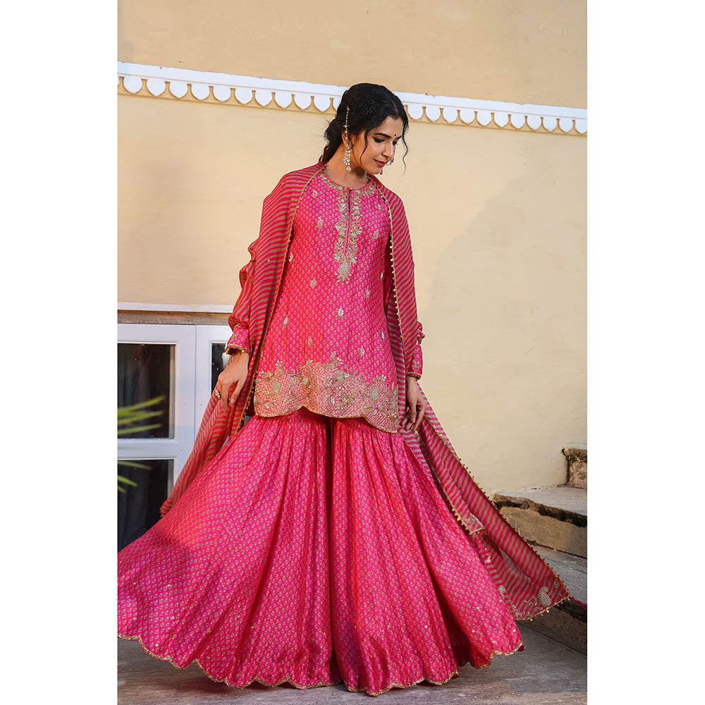 Label Niti Bothra Pink Riwayat Printed Embroidered Kurti with Sharara and Dupatta (Set of 3)