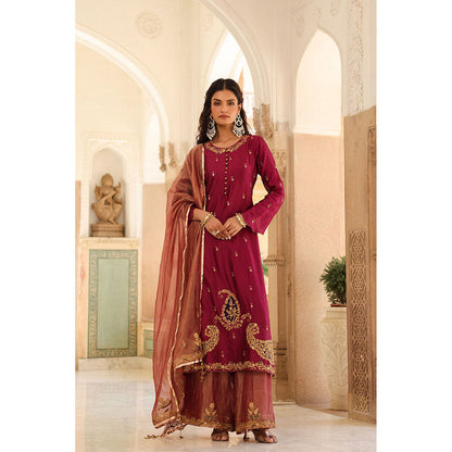 Label Niti Bothra Wine Riwayat Embroidered Kurta with Palazzo and Dupatta (Set of 3)