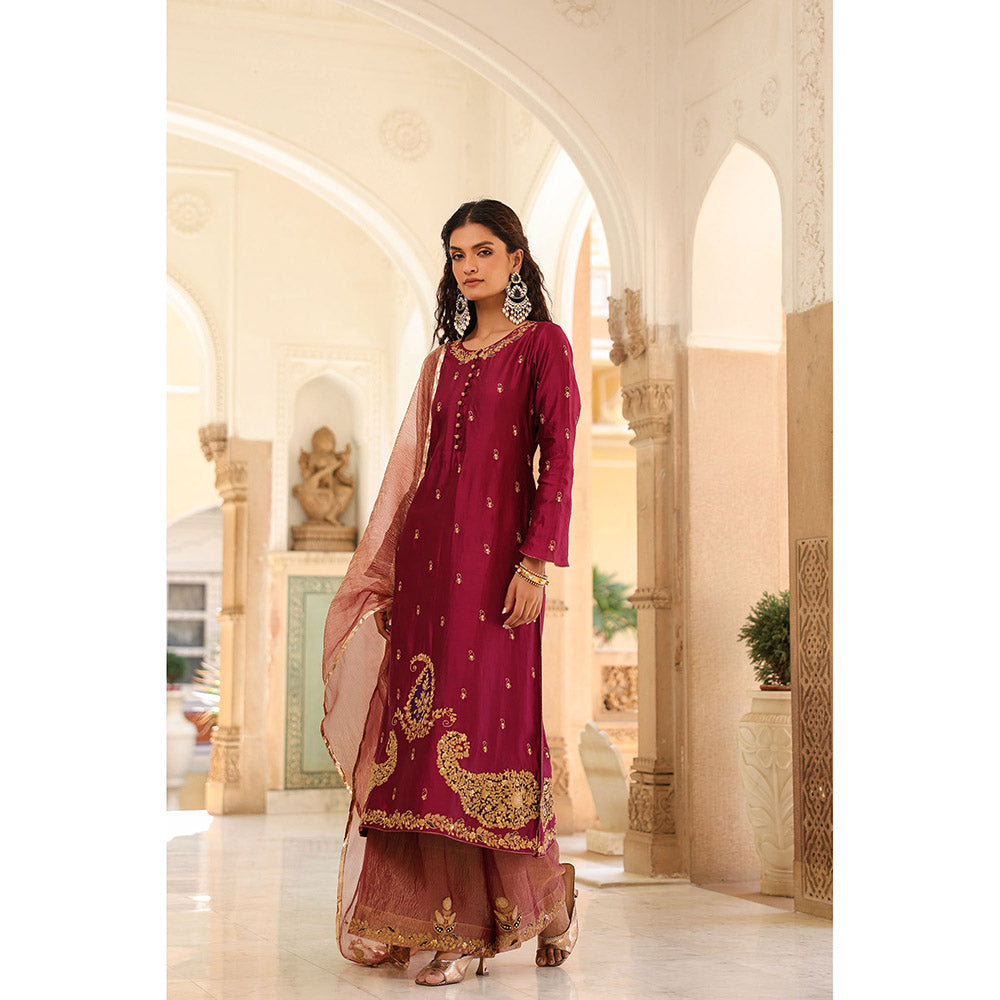 Label Niti Bothra Wine Riwayat Embroidered Kurta with Palazzo and Dupatta (Set of 3)