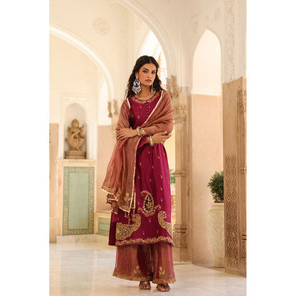 Label Niti Bothra Wine Riwayat Embroidered Kurta with Palazzo and Dupatta (Set of 3)