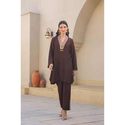 Label Niti Bothra Brown Zardozi Paisley V Neck Kurta with Pant (Set of 2)