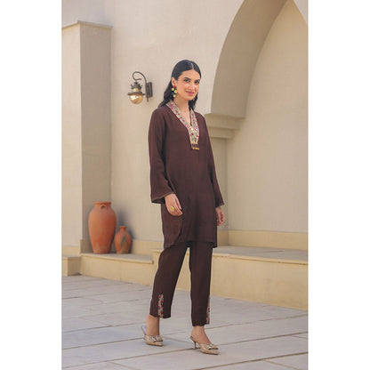 Label Niti Bothra Brown Zardozi Paisley V Neck Kurta with Pant (Set of 2)