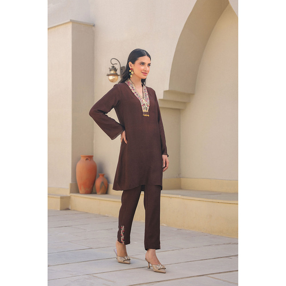 Label Niti Bothra Brown Zardozi Paisley V Neck Kurta with Pant (Set of 2)