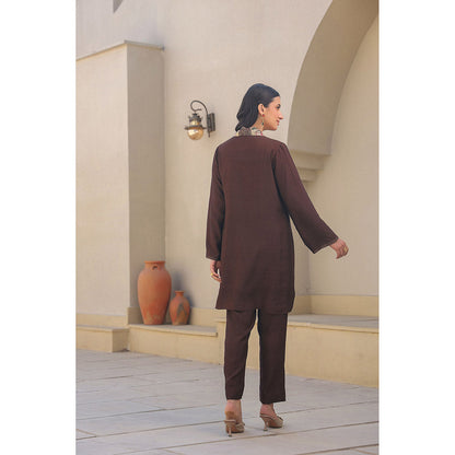 Label Niti Bothra Brown Zardozi Paisley V Neck Kurta with Pant (Set of 2)