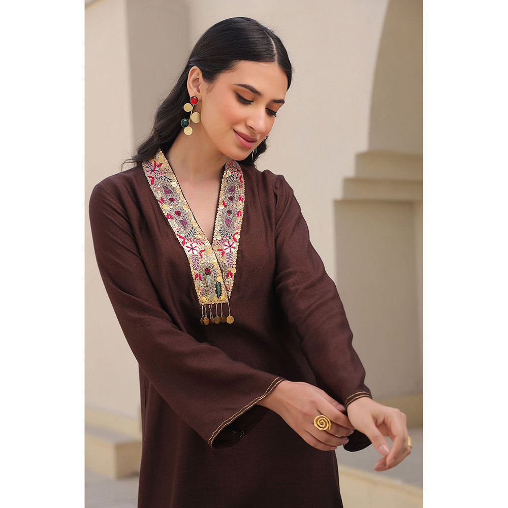 Label Niti Bothra Brown Zardozi Paisley V Neck Kurta with Pant (Set of 2)