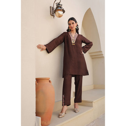 Label Niti Bothra Brown Zardozi Paisley V Neck Kurta with Pant (Set of 2)