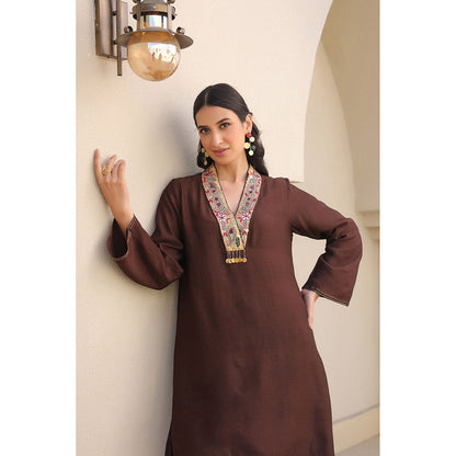 Label Niti Bothra Brown Zardozi Paisley V Neck Kurta with Pant (Set of 2)