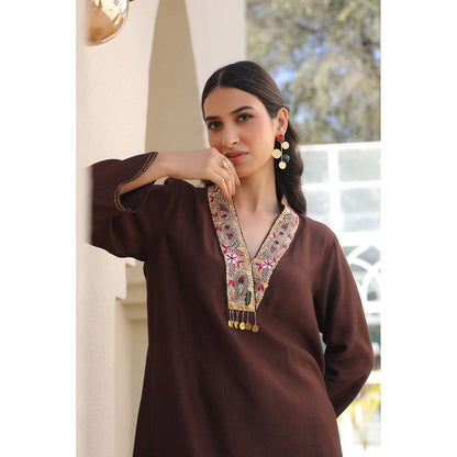 Label Niti Bothra Brown Zardozi Paisley V Neck Kurta with Pant (Set of 2)