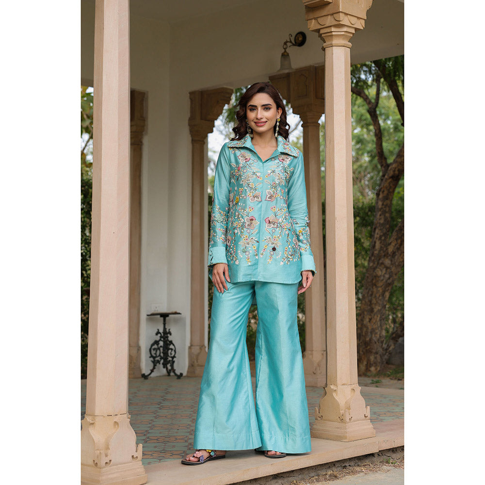 Label Niti Bothra Blue Gulzar Jaal Collar Neck Embroidered Co-Ord (Set of 2)