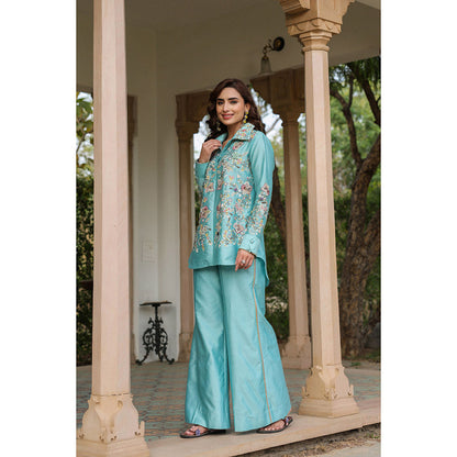 Label Niti Bothra Blue Gulzar Jaal Collar Neck Embroidered Co-Ord (Set of 2)