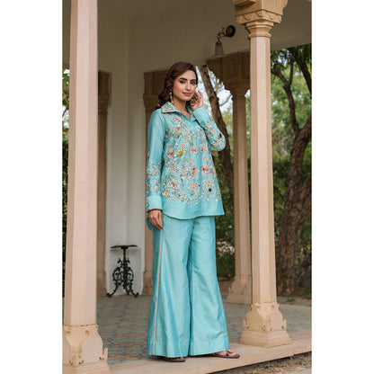 Label Niti Bothra Blue Gulzar Jaal Collar Neck Embroidered Co-Ord (Set of 2)