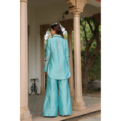 Label Niti Bothra Blue Gulzar Jaal Collar Neck Embroidered Co-Ord (Set of 2)