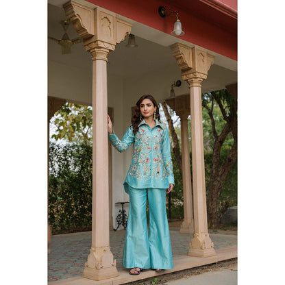 Label Niti Bothra Blue Gulzar Jaal Collar Neck Embroidered Co-Ord (Set of 2)