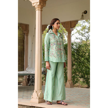 Label Niti Bothra Green Gulzar Jaal Collar Neck Embroidered Co-Ord (Set of 2)