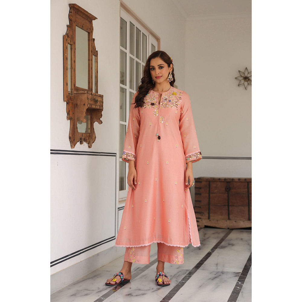 Label Niti Bothra Peach Gulzar Round Neck Embroidered Kurta and Pant (Set of 2)