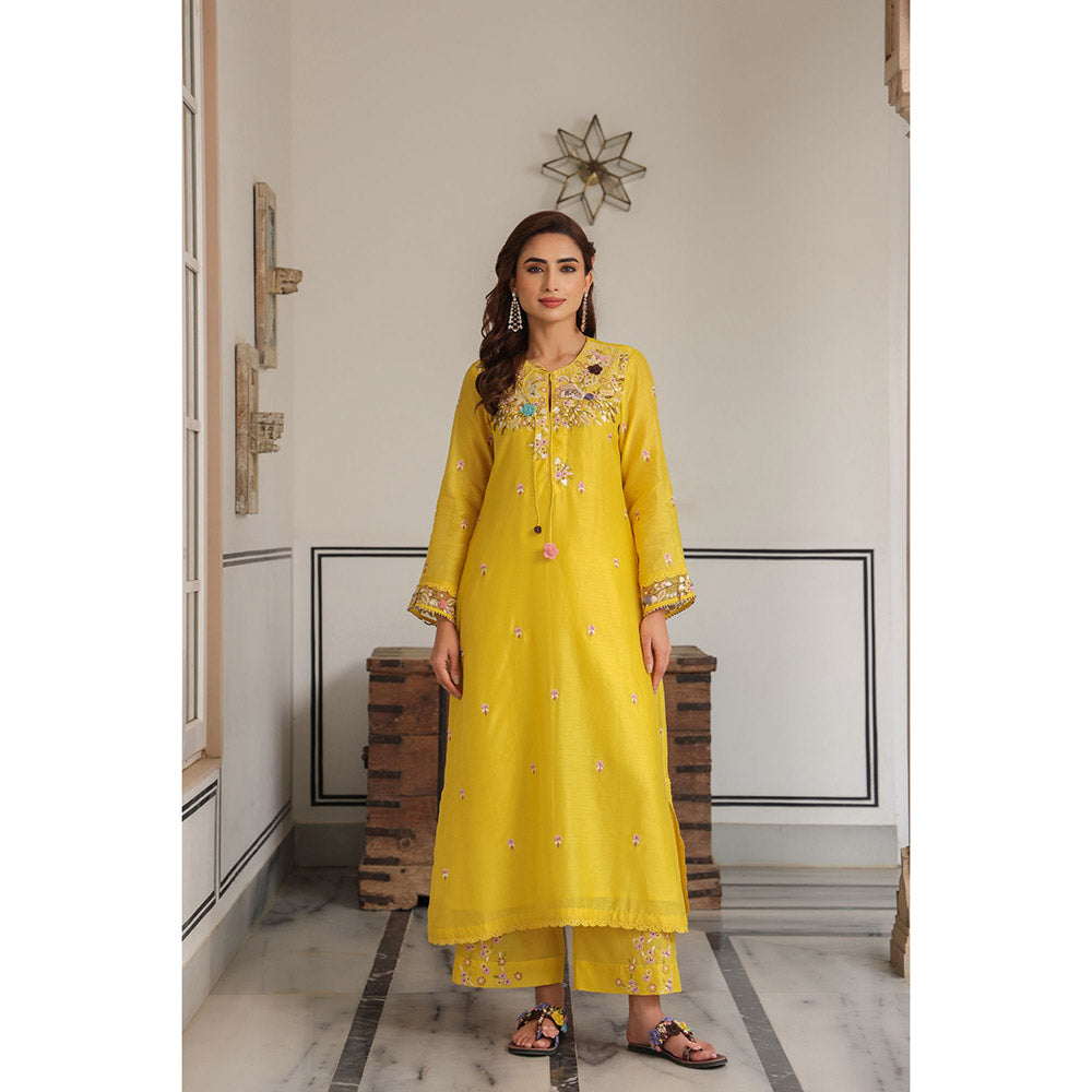 Label Niti Bothra Yellow Gulzar Round Neck Embroidered Kurta and Pant (Set of 2)