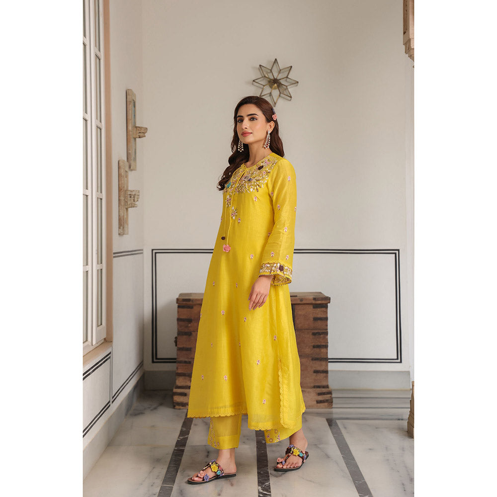 Label Niti Bothra Yellow Gulzar Round Neck Embroidered Kurta and Pant (Set of 2)