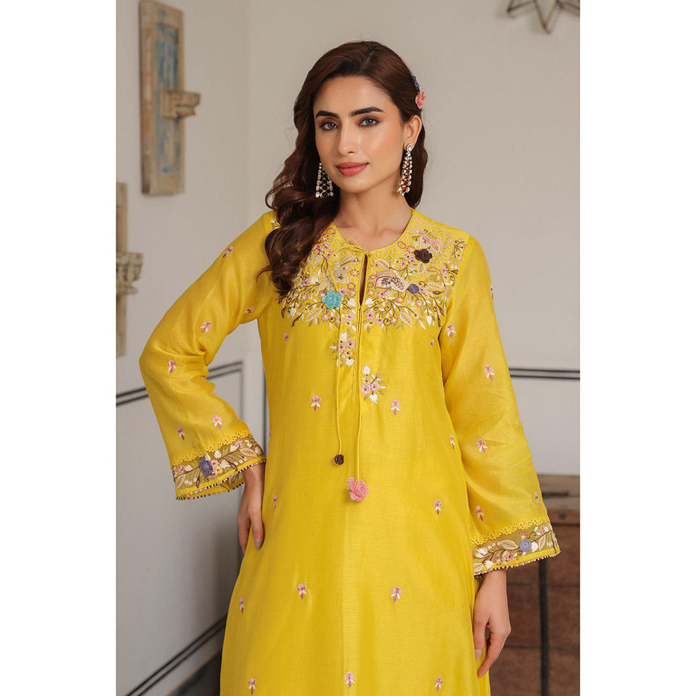 Label Niti Bothra Yellow Gulzar Round Neck Embroidered Kurta and Pant (Set of 2)