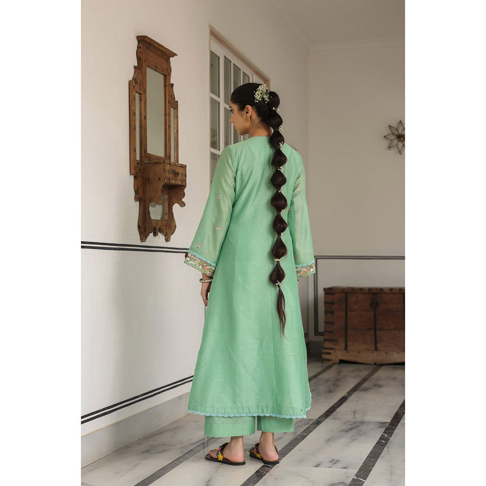 Label Niti Bothra Green Gulzar Round Neck Embroidered Kurta and Pant (Set of 2)