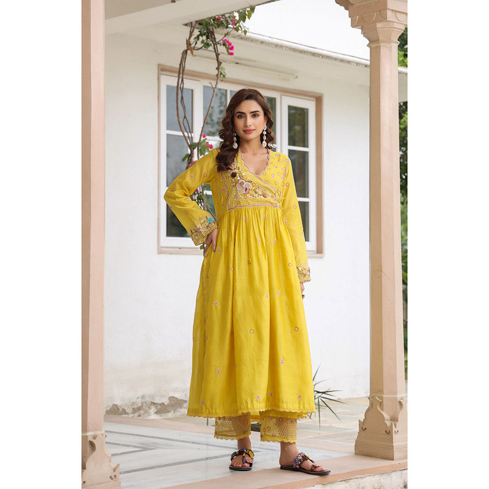 Label Niti Bothra Yellow Gulzar Frock Style Embroidered Kurta and Pant (Set of 2)