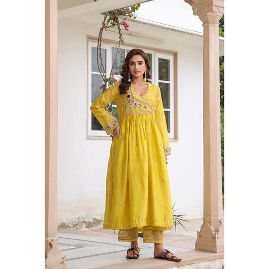 Label Niti Bothra Yellow Gulzar Frock Style Embroidered Kurta and Pant (Set of 2)