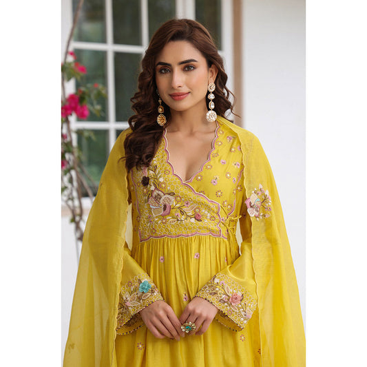 Label Niti Bothra Yellow Gulzar Frock Style Embroidered Kurta and Pant (Set of 2)