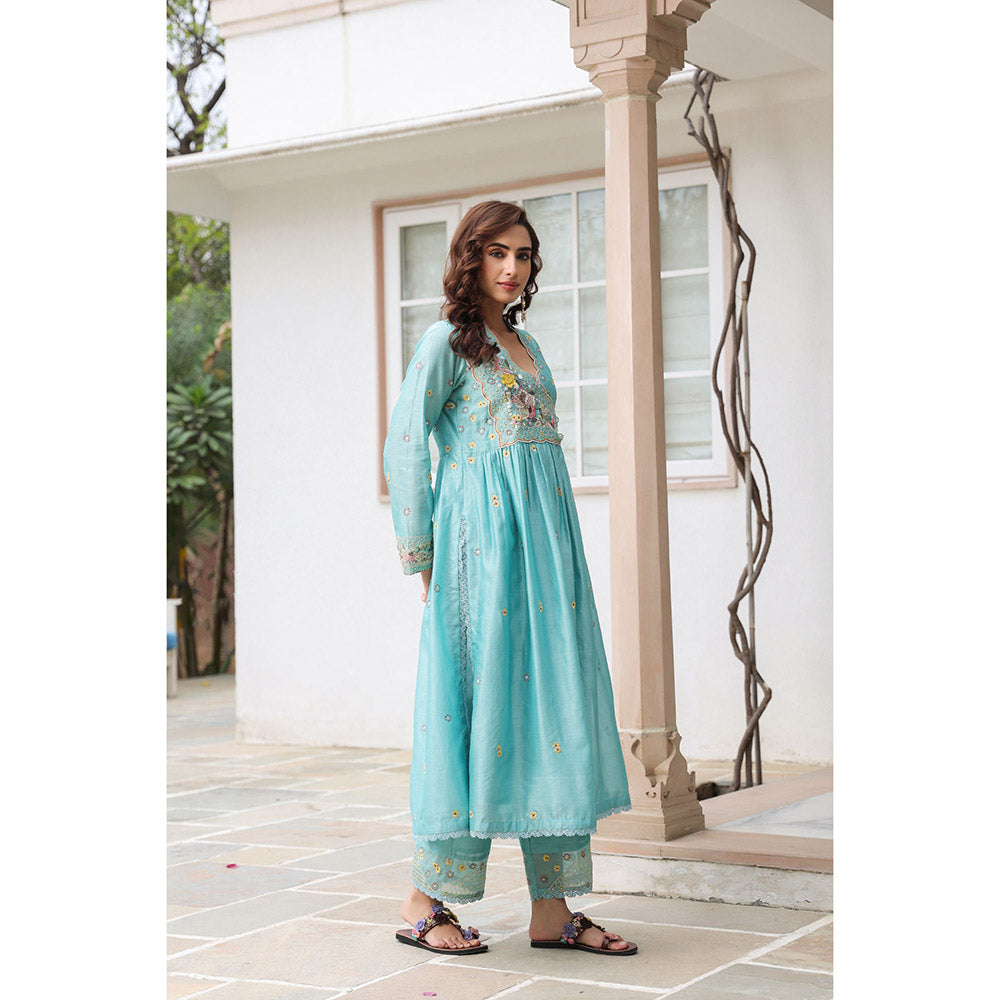 Label Niti Bothra Blue Gulzar Frock Style Embroidered Kurta and Pant (Set of 2)