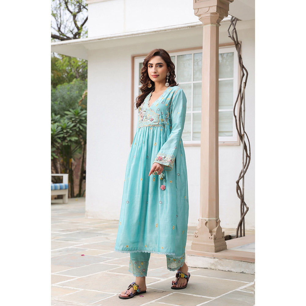 Label Niti Bothra Blue Gulzar Frock Style Embroidered Kurta and Pant (Set of 2)
