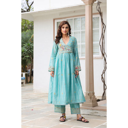 Label Niti Bothra Blue Gulzar Frock Style Embroidered Kurta and Pant (Set of 2)