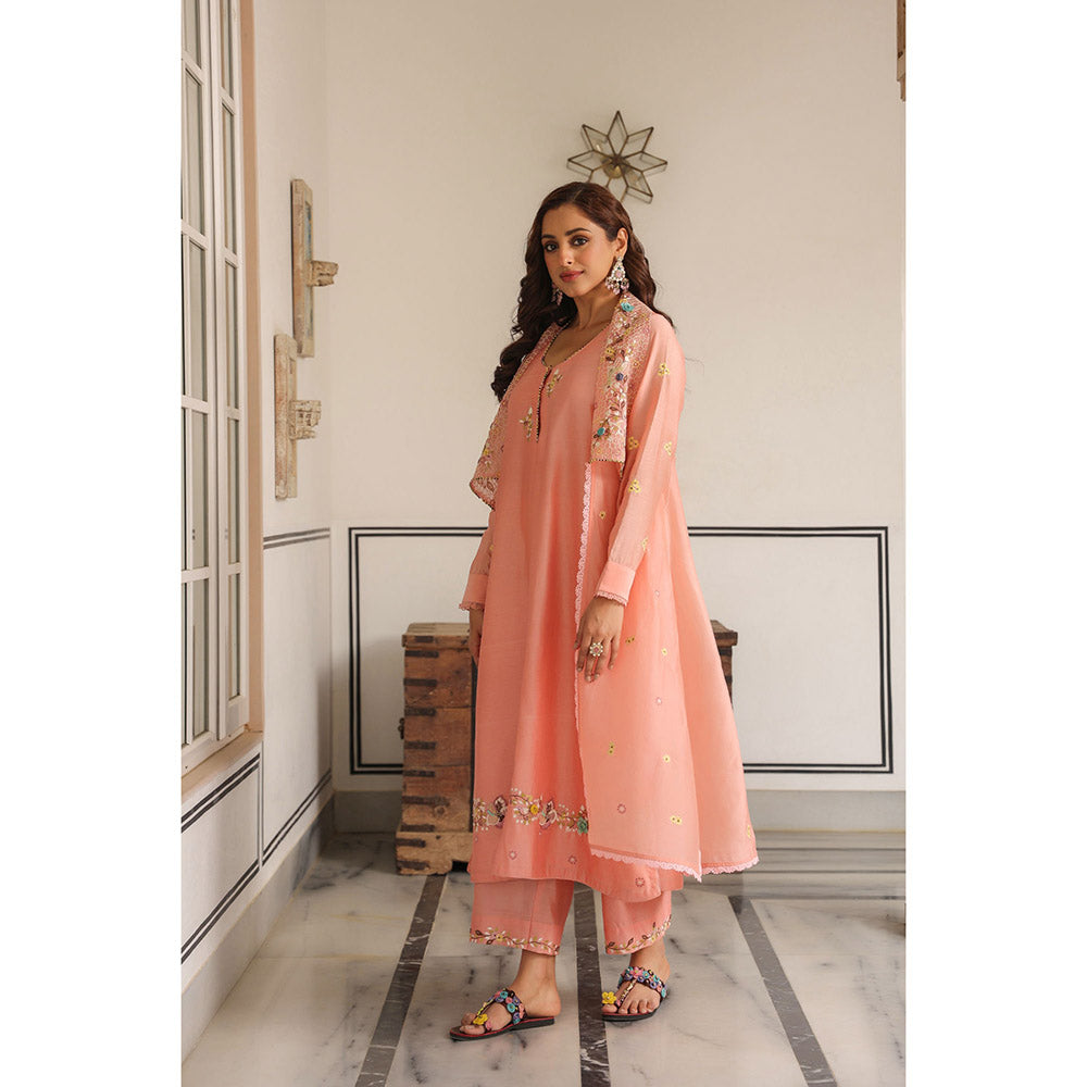 Label Niti Bothra Peach Gulzar Embroidered Kurta with Pant and Jacket (Set of 3)