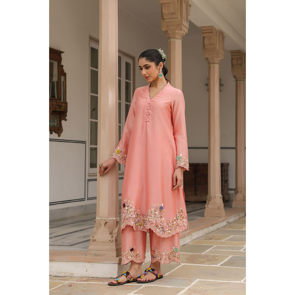 Label Niti Bothra Peach Gulzar Scallop Embroidered Kurta and Pant (Set of 2)