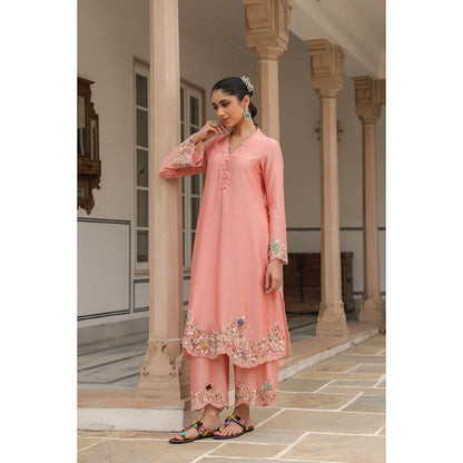 Label Niti Bothra Peach Gulzar Scallop Embroidered Kurta and Pant (Set of 2)