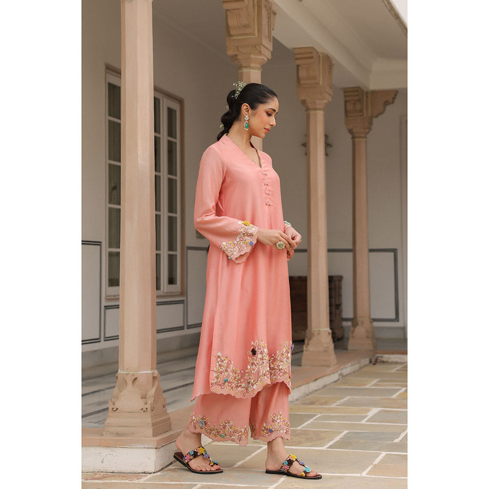 Label Niti Bothra Peach Gulzar Scallop Embroidered Kurta and Pant (Set of 2)