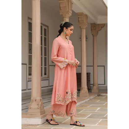 Label Niti Bothra Peach Gulzar Scallop Embroidered Kurta and Pant (Set of 2)