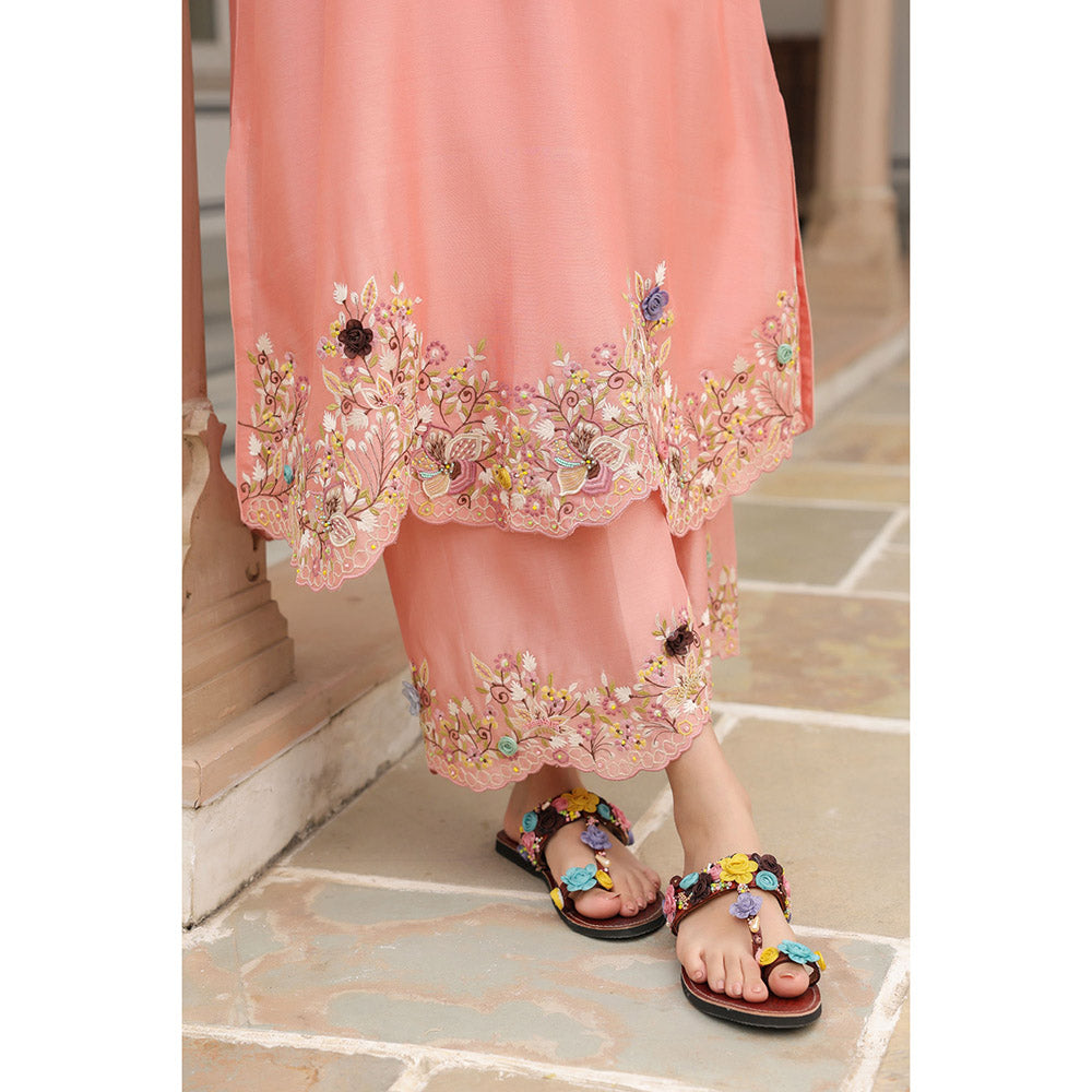 Label Niti Bothra Peach Gulzar Scallop Embroidered Kurta and Pant (Set of 2)