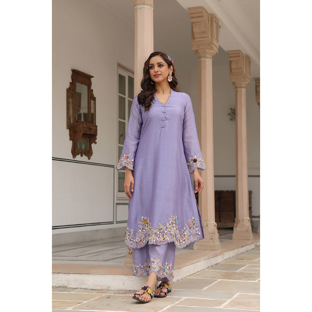 Label Niti Bothra Lavender Gulzar Scallop Embroidered Kurta and Pant (Set of 2)