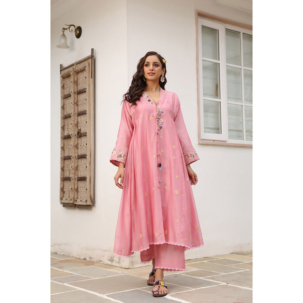 Label Niti Bothra Pink Gulzar Kalidar Embroidered Kurta with Slip and Pant (Set of 3)