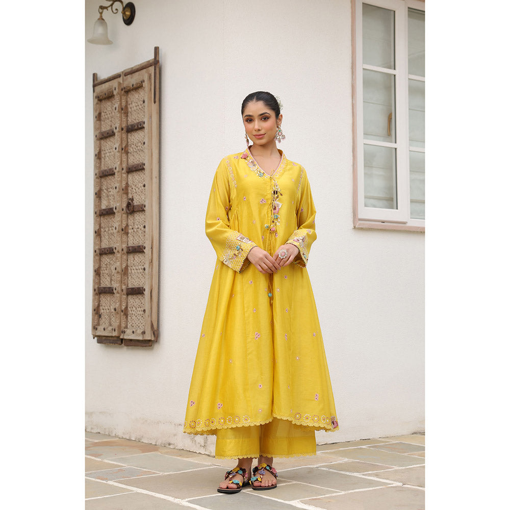 Label Niti Bothra Yellow Gulzar Kalidar Embroidered Kurta with Slip and Pant (Set of 3)