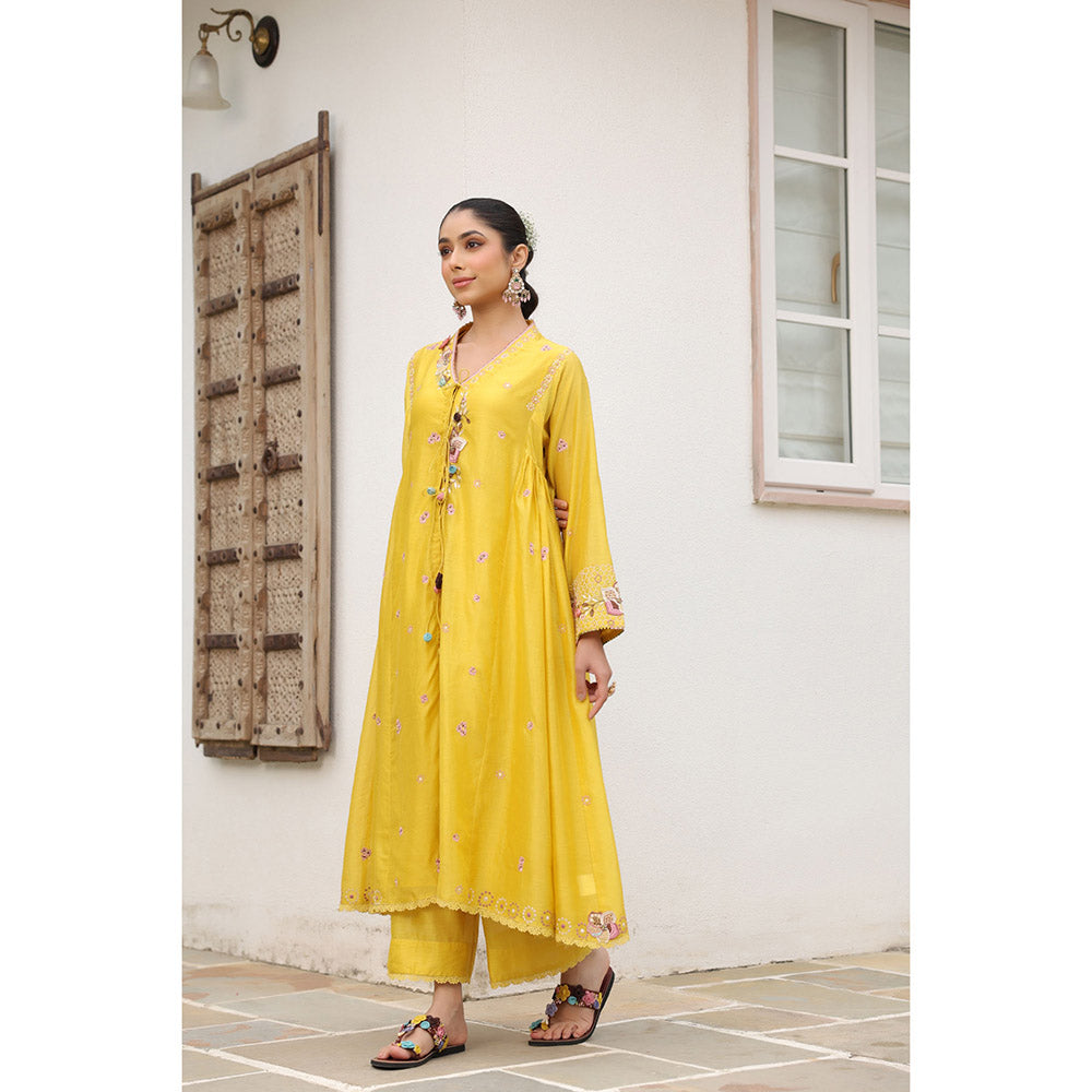 Label Niti Bothra Yellow Gulzar Kalidar Embroidered Kurta with Slip and Pant (Set of 3)