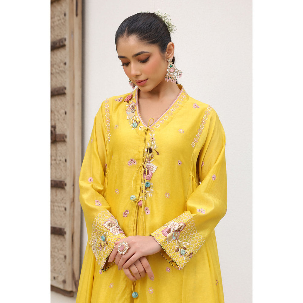 Label Niti Bothra Yellow Gulzar Kalidar Embroidered Kurta with Slip and Pant (Set of 3)