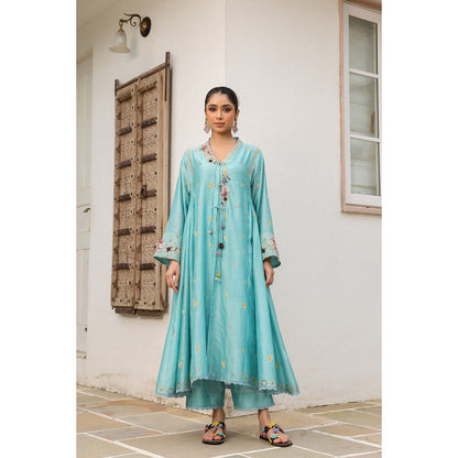 Label Niti Bothra Blue Gulzar Kalidar Embroidered Kurta with Slip and Pant (Set of 3)