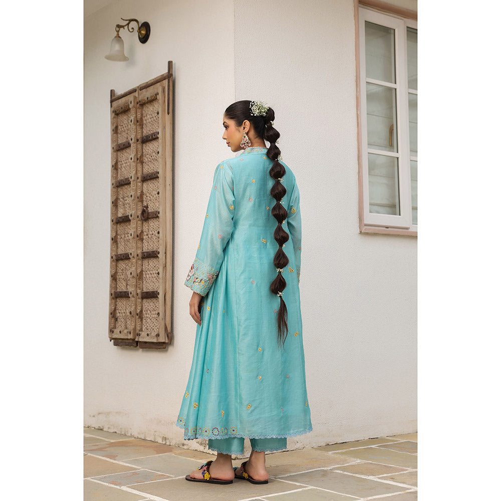 Label Niti Bothra Blue Gulzar Kalidar Embroidered Kurta with Slip and Pant (Set of 3)